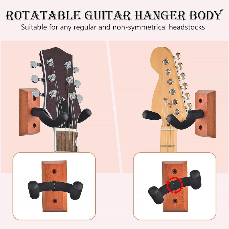 DOMMI Guitar Wall Mount 4 Pack, Guitar Hanger with Rotatable Soft Hook for All Size Guitars, Hardwood U-Shaped Guitar Holder Wall Mount for Acoustic, Electric Guitar, Bass (Mahogany) - Image 5